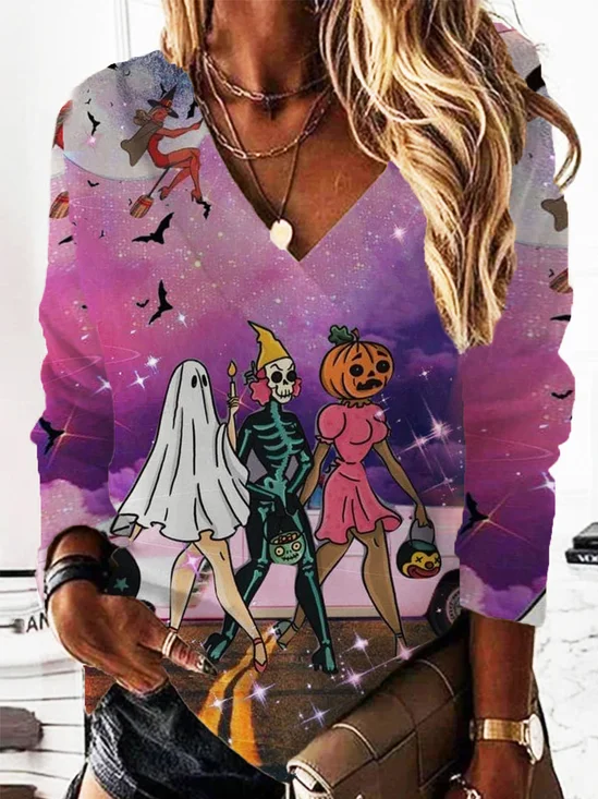 Lässig V-Ausschnitt Halloween Sweatshirt Print