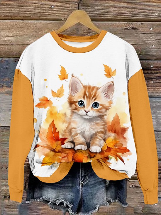 Lässig Rundhals Katze Sweatshirt