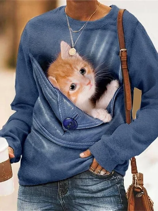 Lässig Rundhals Katze Sweatshirt