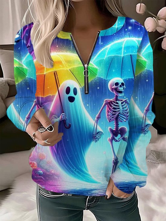 Lässig Rundhals Halloween Sweatshirt Reißverschluss