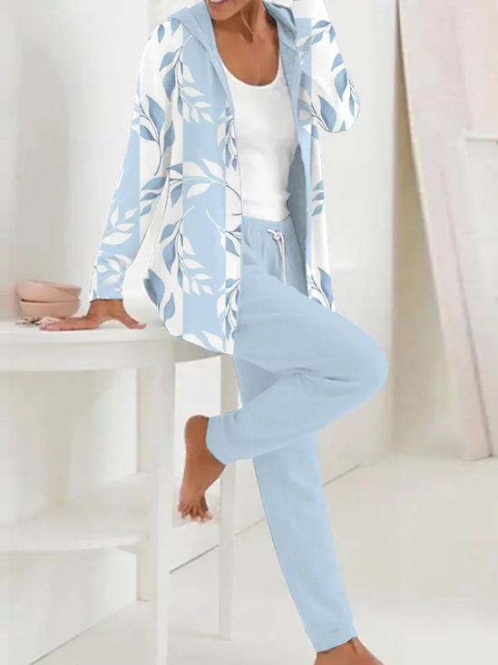 Damen Geblümt Kapuze Langarm Bequem Lässig Mantel mit Hosen Zweiteiliges Set