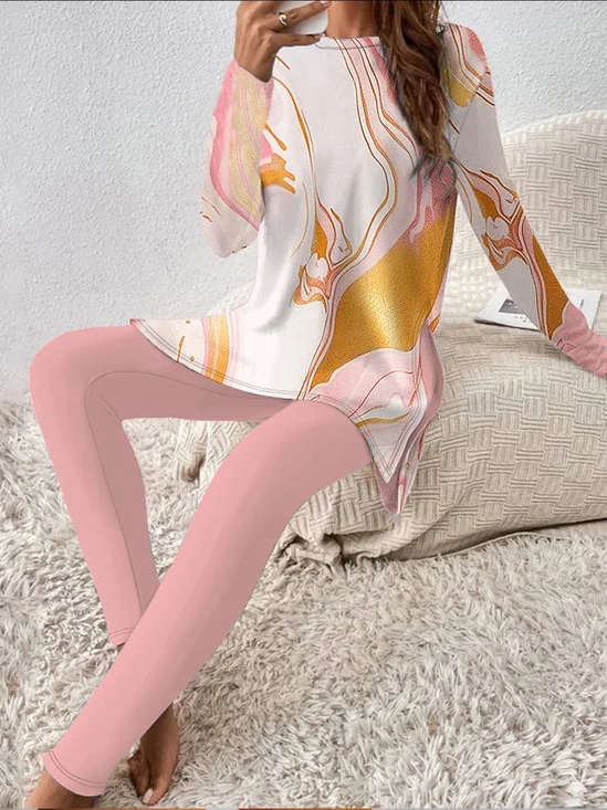 Damen Abstrakt Rundhals Langarm Bequem Lässig Bluse mit Hose Zweiteiliges Set