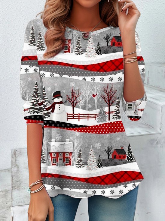 Retro Weihnachtsschneemann Rundhals Langarm T-Shirt