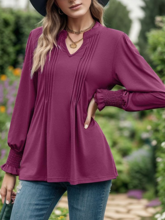 Gekerbt Langarm Unifarben Regelmäßig Mikroelastizität Weit Bluse für Damen