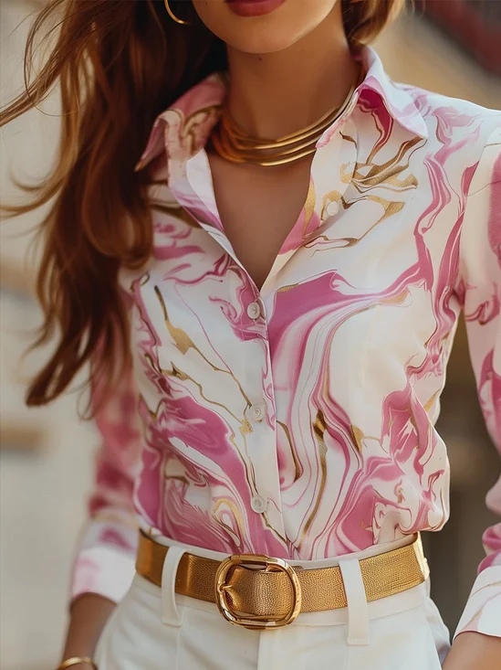 Hemdkragen Langarm Verlaufsmuster Print Leicht Regelmäßige Passform Bluse für Damen