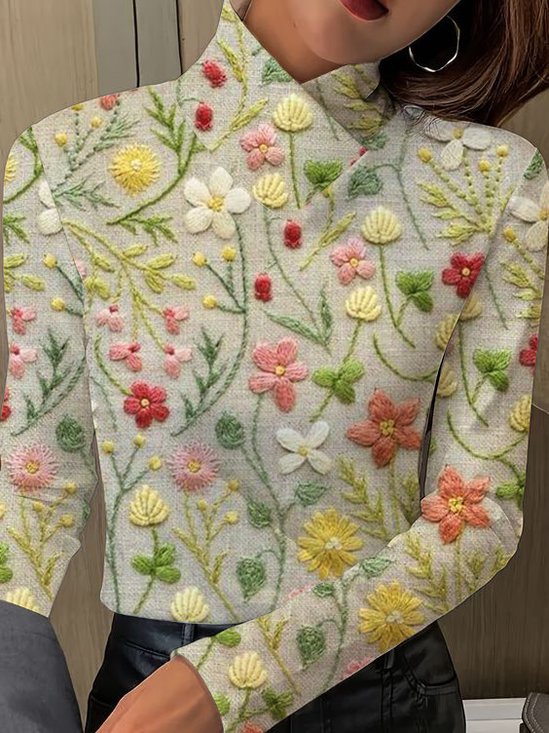 Langarm Geblümt Print Regelmäßig Mikroelastizität Regelmäßige Passform Bluse für Damen