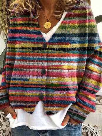 Damen Garn/Wollgarn abstrakte Streifen Langarm Bequem Lässig Schnalle Strickjacke
