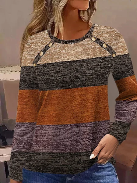 Lässig Farbblock Rundhals Langarm T-Shirt