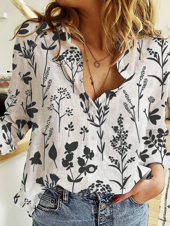 Hemdkragen Langarm Geblümt Leicht Regelmäßige Passform Bluse für Damen