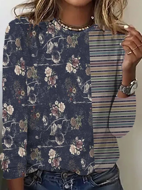 Lässig Gestreift Rundhals Langarm T-Shirt