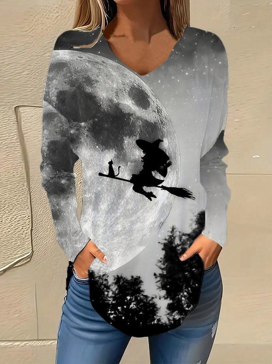 V-Ausschnitt Langarm Halloween Regelmäßig Mikroelastizität Weit Bluse für Damen