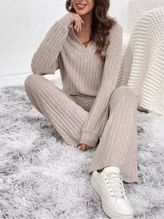 Damen Unifarben Schalkragen Langarm Bequem Lässig Bluse mit Hose Zweiteiliges Set