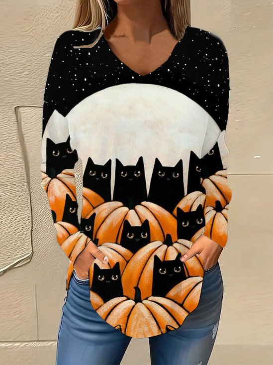 V-Ausschnitt Langarm Halloween Regelmäßig Mikroelastizität Weit Bluse für Damen