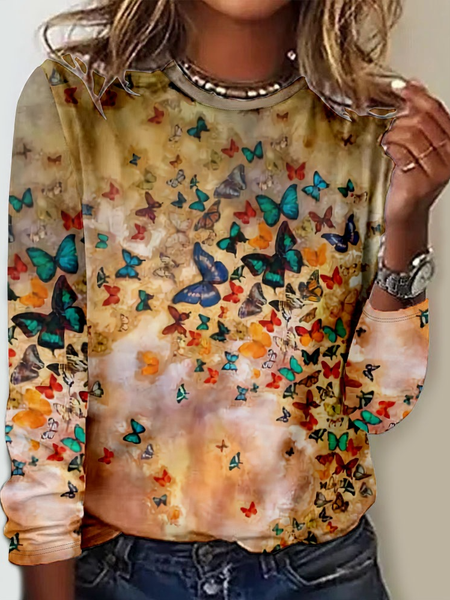 Lässig Schmetterling Rundhals Langarm T-Shirt