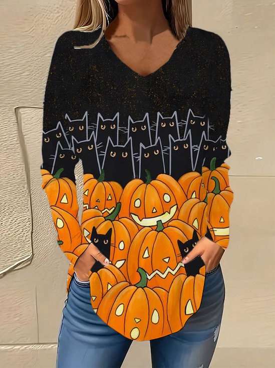 V-Ausschnitt Langarm Halloween Regelmäßig Mikroelastizität Weit Bluse für Damen