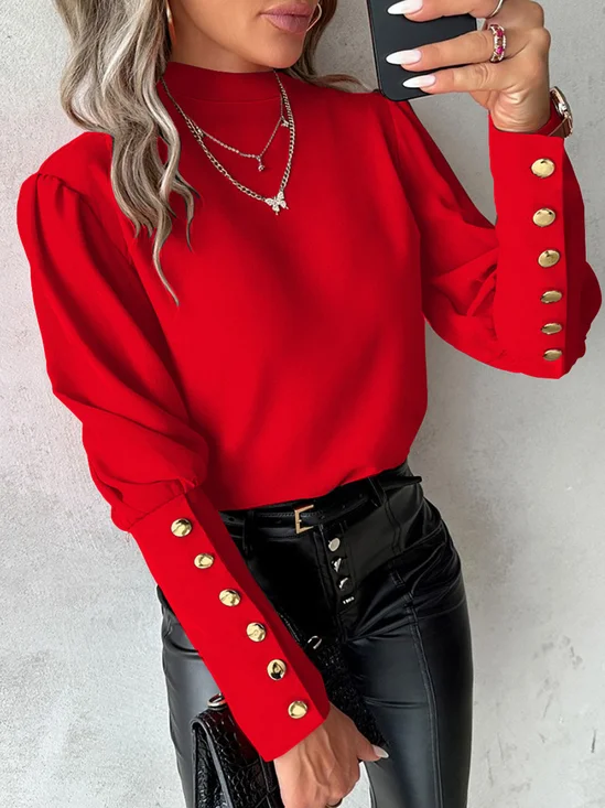 Mock Neck Langarm Unifarben Schnalle Regelmäßig Weit Bluse für Damen