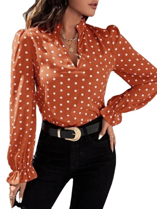 Stehkragen Langarm Polka Dots Regelmäßig Weit Bluse für Damen