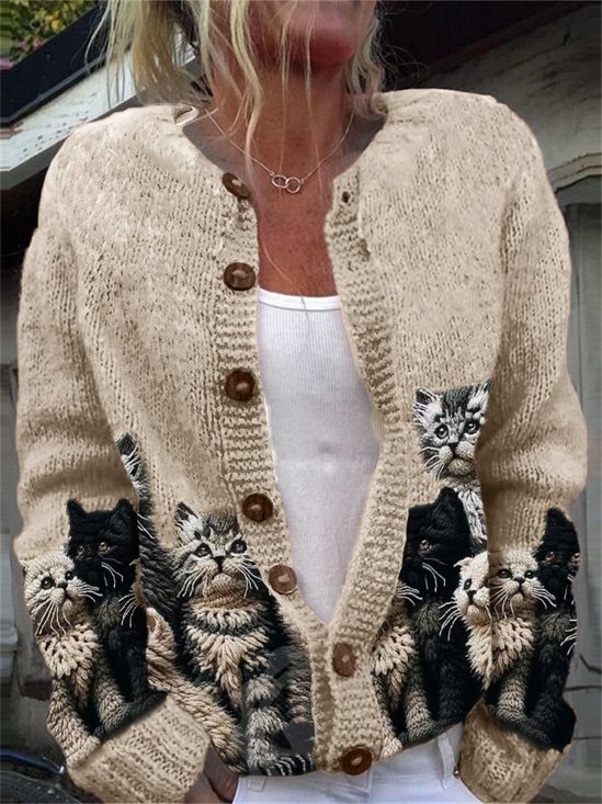 Damen Gestrickt Pflanzen Langarm Bequem Lässig Strickjacke