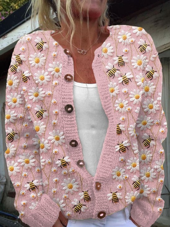 Damen Gestrickt Pflanzen Langarm Bequem Lässig Strickjacke