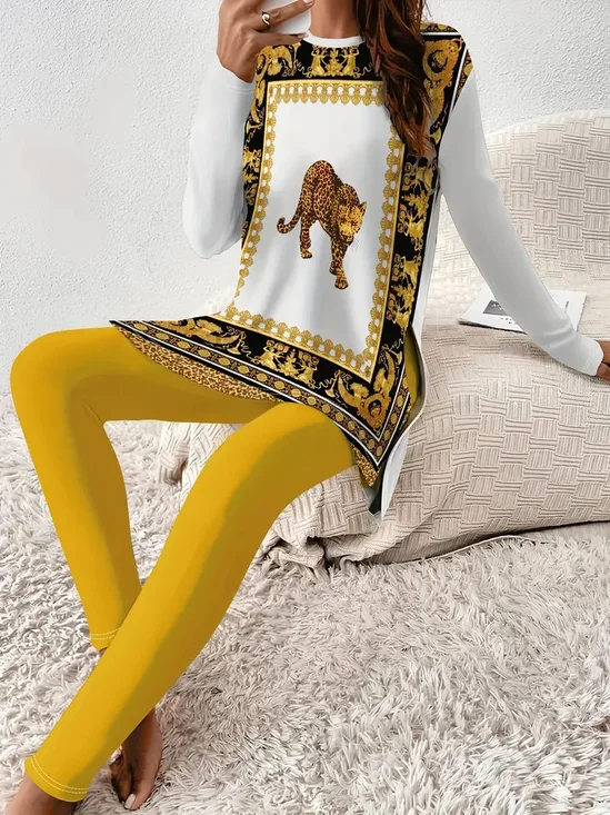 Damen Geometrisch Kapuze Langarm Bequem Lässig Bluse mit Hose Zweiteiliges Set