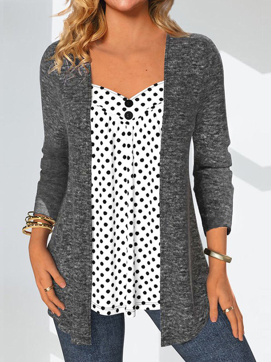 Stehkragen Langarm Polka Dots Regelmäßig Mikroelastizität Weit Bluse für Damen