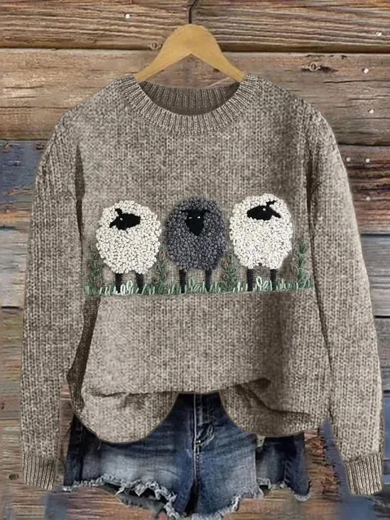 Damen Gestrickt Tier Langarm Bequem Lässig Pullover