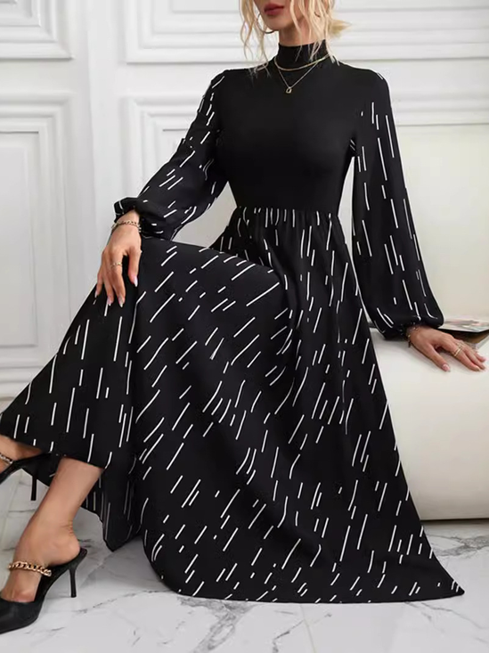 Damen Geometrisch Langarm Bequem Lässig Spitze Maxikleid