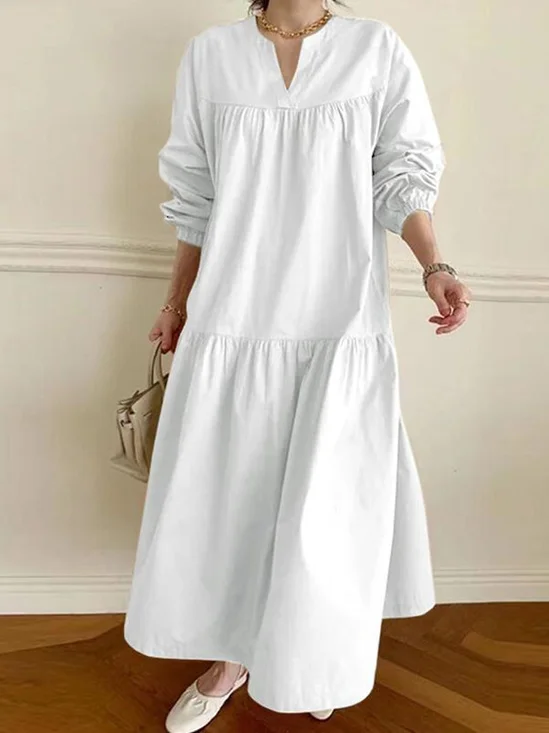 Damen Unifarben Rundhals Langarm Bequem Lässig Spitze Maxikleid