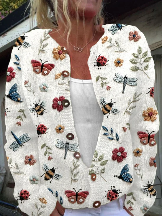 Damen Gestrickt Pflanzen Langarm Bequem Lässig Strickjacke