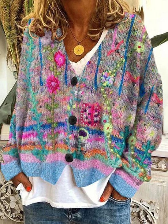 Damen Garn/Wollgarn Geblümt Langarm Bequem Lässig Strickjacke