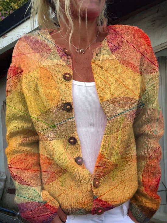 Damen Blätter Langarm Bequem Lässig Geknöpft Strickjacke
