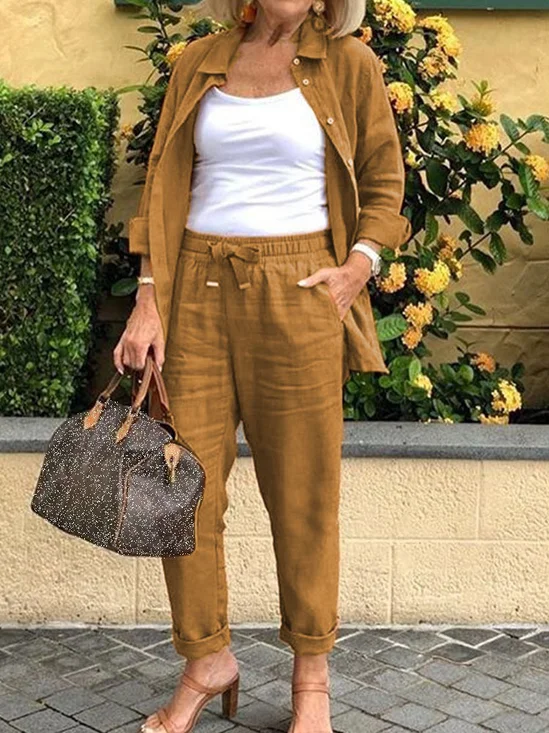 Damen Unifarben Schalkragen Langarm Bequem Lässig Mantel mit Hosen Zweiteiliges Set