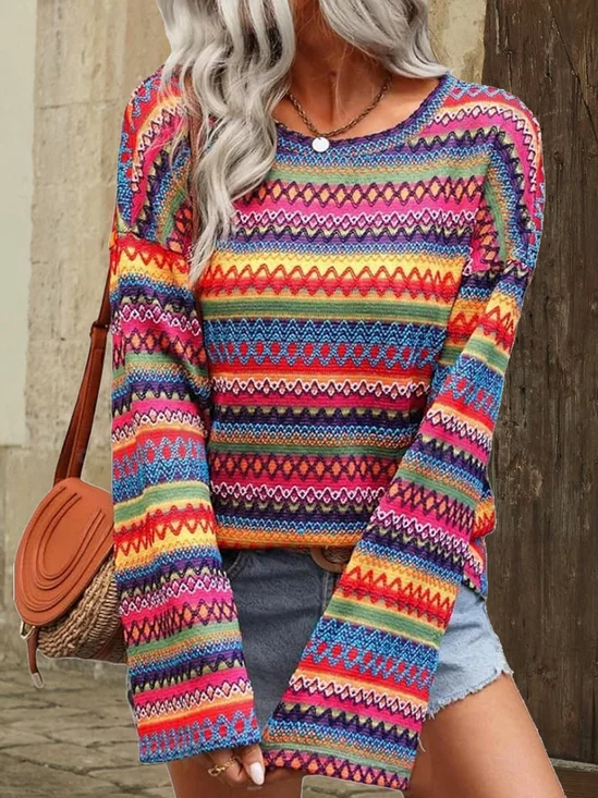 Rundhals Langarm Multifarben Block Jacquard Regelmäßig Mikroelastizität Weit Bluse für Damen