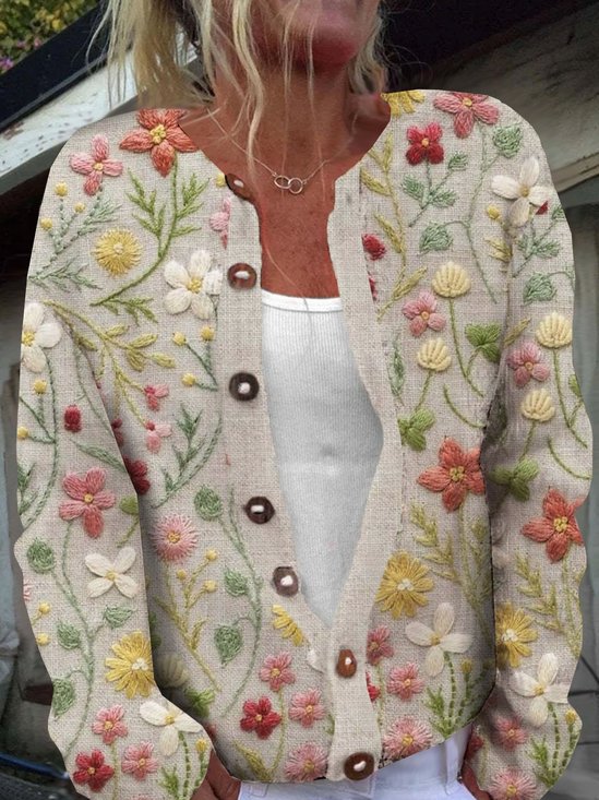 Damen Geblümt Langarm Bequem Lässig Geknöpft Strickjacke