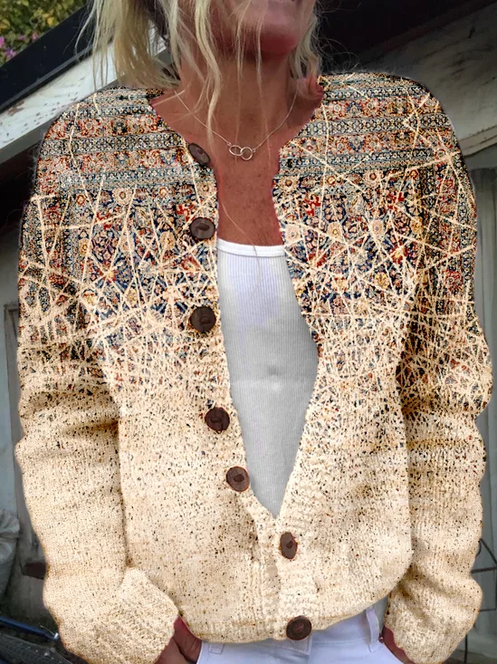 Damen Gestrickt Abstrakt Grafik Langarm Bequem Lässig Strickjacke
