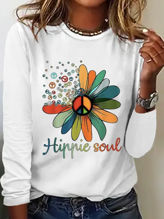 Retro Geblümt Rundhals Langarm T-Shirt