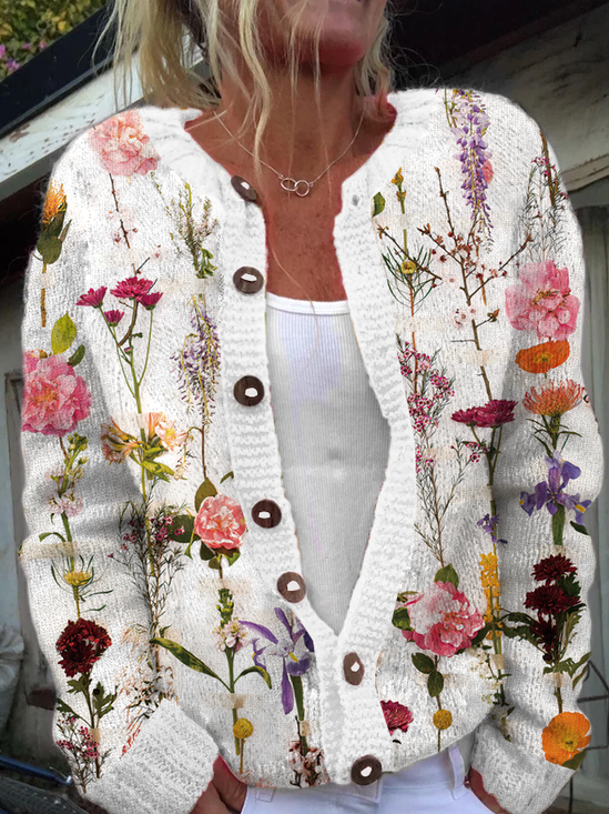 Damen Gestrickt Pflanzen Langarm Bequem Lässig Strickjacke
