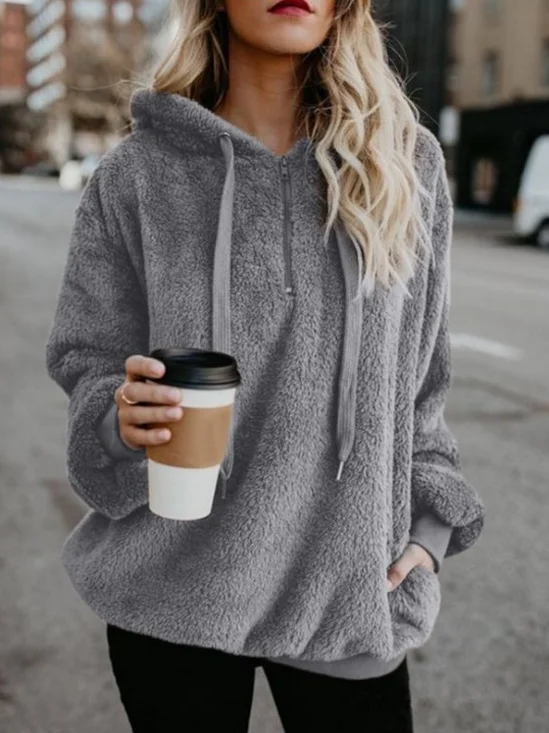 Lässig Kapuze Unifarben Sweatshirt Reißverschluss