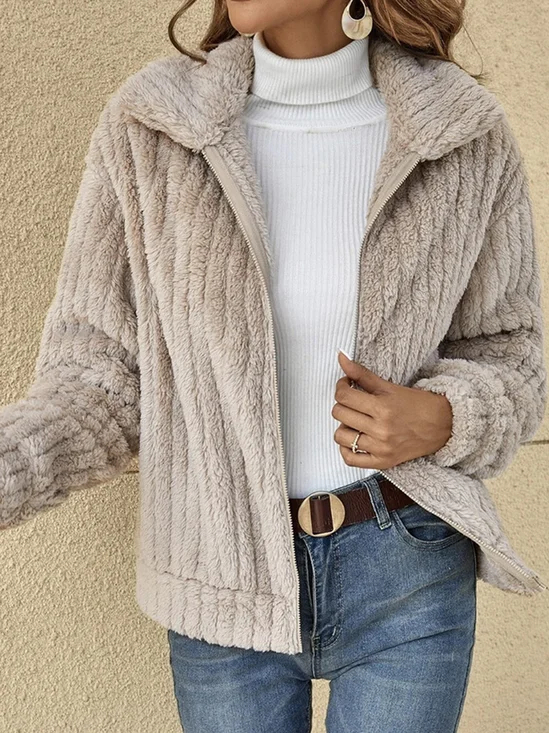 Damen Unifarben Reißverschluss verdicken Weit Teddy Jacke