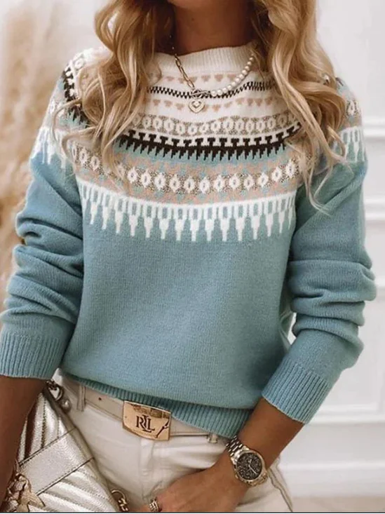 Damen Wolle/Stricken Ethnisch Geometrie Langarm Bequem Lässig Pullover