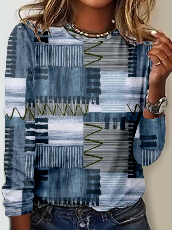 Lässig Geometrisch Rundhals Langarm T-Shirt