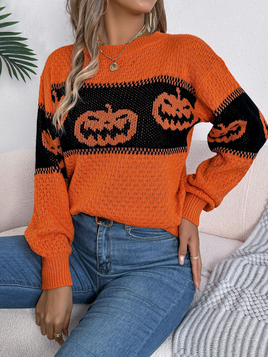 Damen Wolle/Stricken Halloween Langarm Bequem Lässig Pullover
