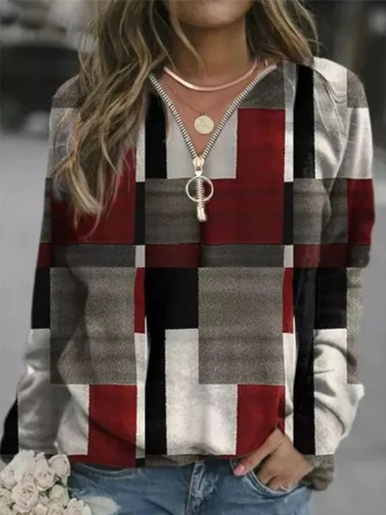 Lässig Kapuze Kariert Sweatshirt Reißverschluss