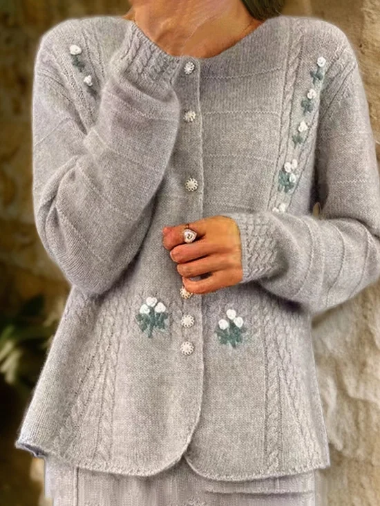 Damen Garn/Wollgarn Geblümt Langarm Bequem Lässig Geknöpft Strickjacke