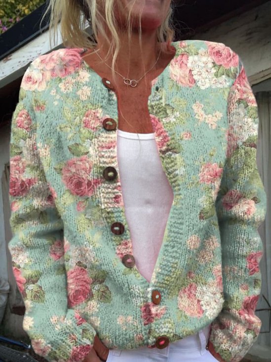 Damen Geblümt Langarm Bequem Lässig Strickjacke