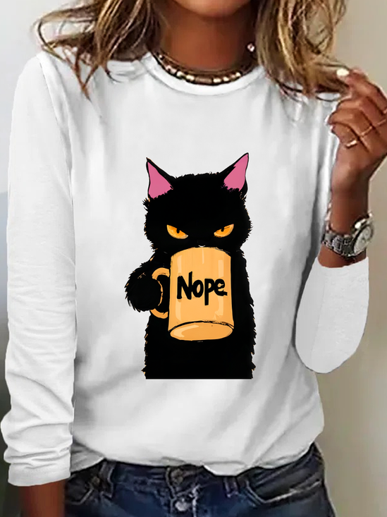 Lässig Katze Rundhals Langarm T-Shirt