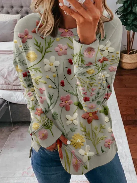 Lässig Rundhals Geblümt Sweatshirt Reißverschluss