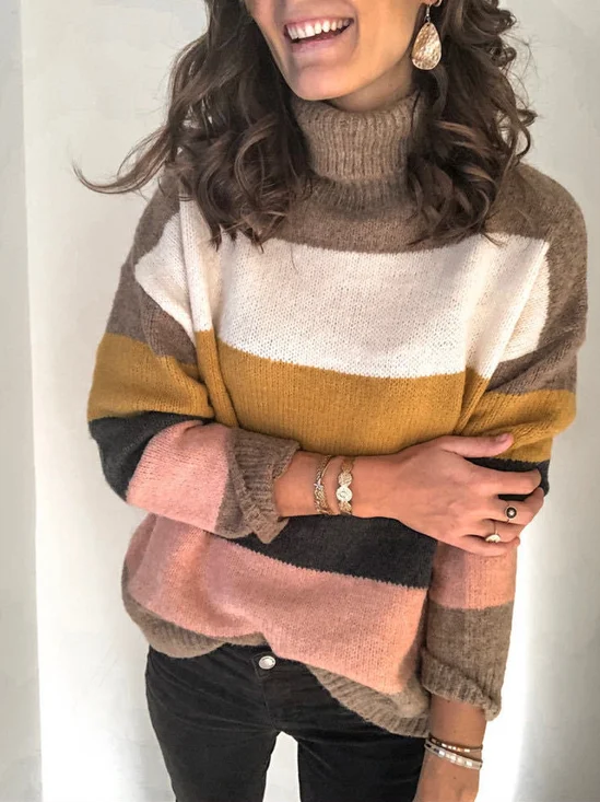 Damen Garn/Wollgarn Gestreift Langarm Bequem Lässig Pullover