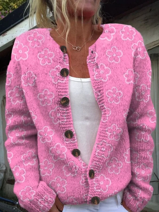 Damen Gestrickt Geblümt Langarm Bequem Lässig Strickjacke