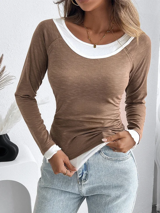 Lässig Farbblock Rundhals Langarm T-Shirt